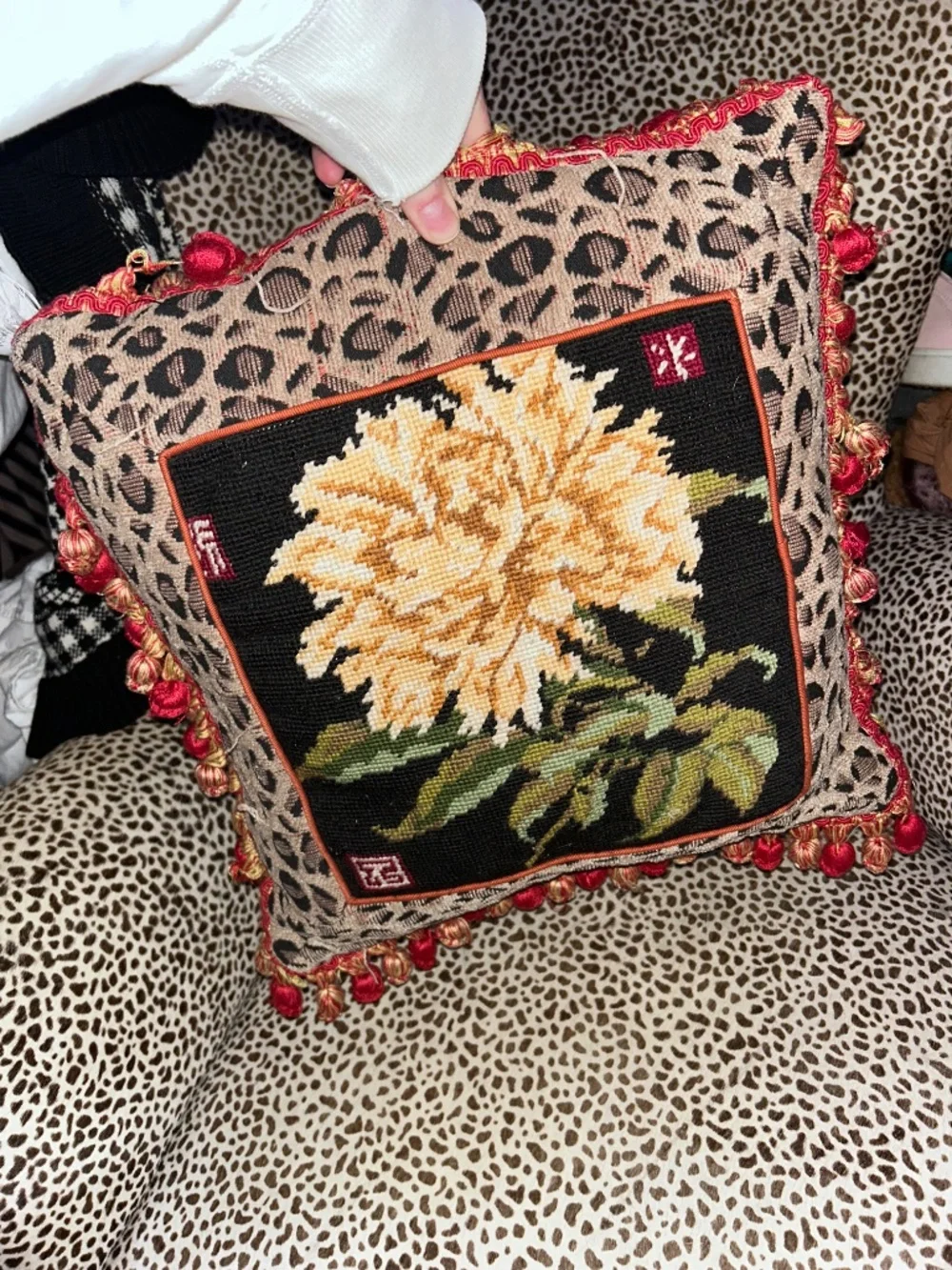 Antique Leopard trim peony flower needlepoint accent pillow